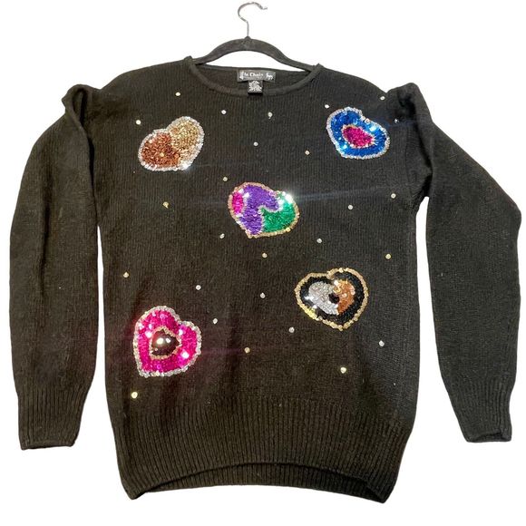 Le Chois Vintage Sweater Pullover Sequin Hearts‎ Petite L Silk Angora Lambs wool - Picture 3 of 11